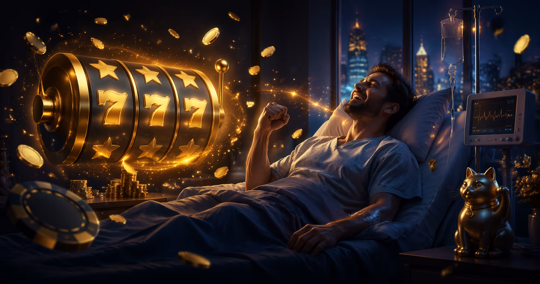 Homme dans un lit d'hopital celebrant un gain de 201 000 $ aux machines a sous sur son telephone